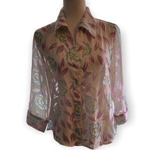 Vintage Stunt White Floral Long Sleeve Blouse SZ M